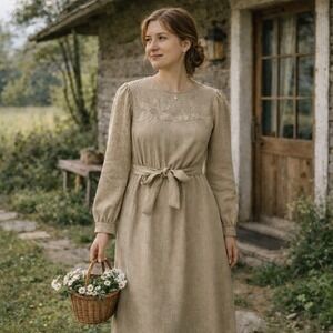 Vtg Neutral Cottagecore Dress Midi Earthy 1970s Inspired Tie Waist USA Made